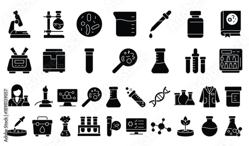 Science lab icons, scientific research and chemistry experiment equipment and tools