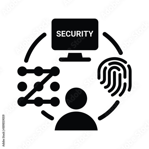 Personal security concept icon with computer, pattern lock, fingerprint, and user symbol