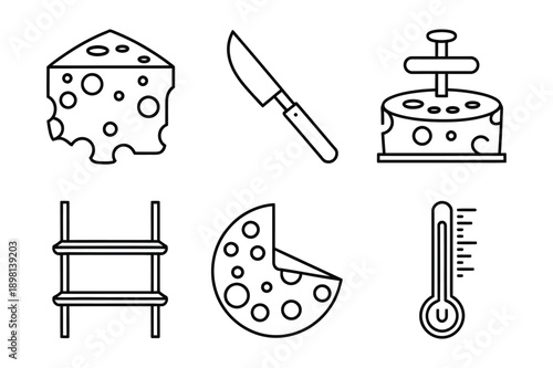 Cheese Icons: Swiss Cheese, Knife, Shelf, Thermometer