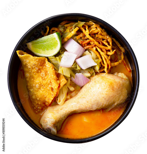Khao Soi Kai, Thai Noodles Khao Soi Chicken isolated on white background ,Thai food,Northern Thai food concept. (Lanna food)