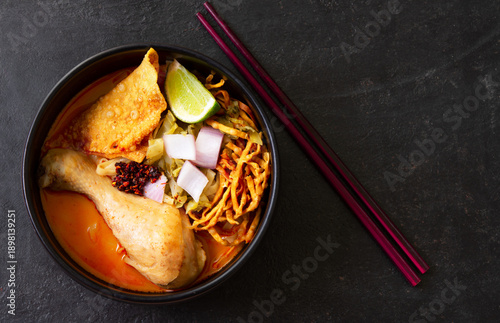 Khao Soi Kai, Thai Noodles Khao Soi Chicken,Thai food,Northern Thai food concept. (Lanna food)