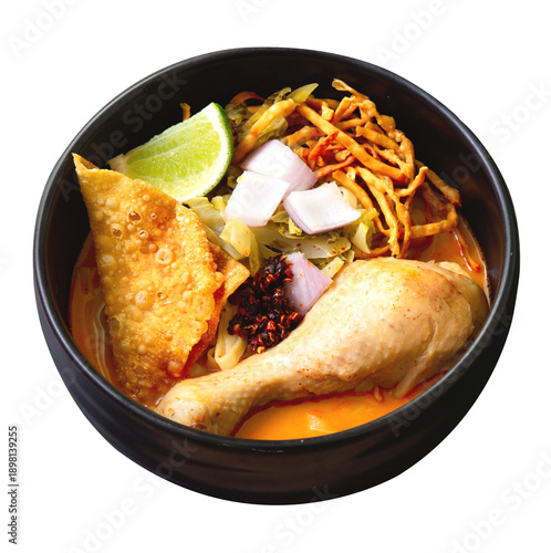 Khao Soi Kai, Thai Noodles Khao Soi Chicken isolated on white background ,Thai food,Northern Thai food concept. (Lanna food)