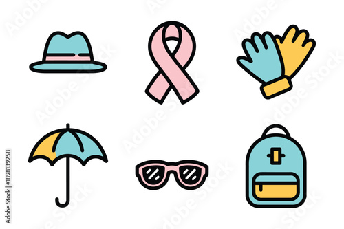 Cute Pastel Flat Icons for Travel, Outdoors and Health