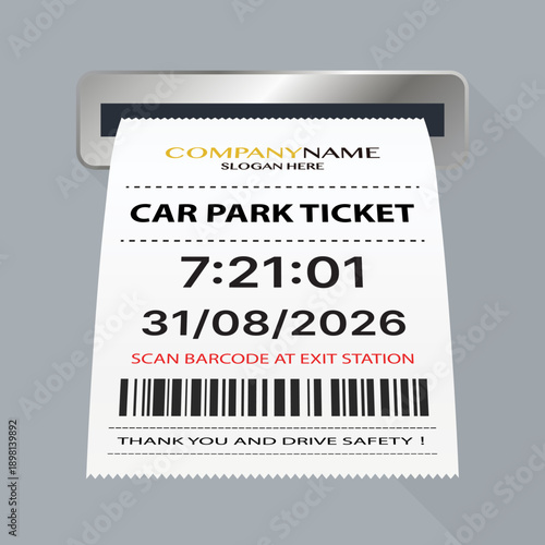 Paper Parking Ticket with Barcode Printing from Automatic Machine Slot, Car Park Entry and Exit Payment System Vector Illustration