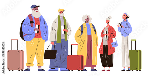 Active seniors group travel adventure diverse elderly people standing with luggage tickets casual clothing airport terminal colorful flat design