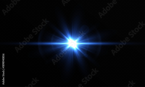 Bright Blue Lens Flare Effect. Abstract blue glow rays with soft illumination and light particles.