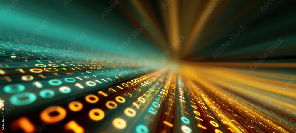 Fototapeta premium The Binary Data Stream Tunnel Racing Through Glowing Futuristic Code and Network Lights