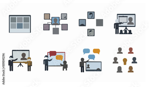 Online meeting and virtual conference pictogram icon set vector