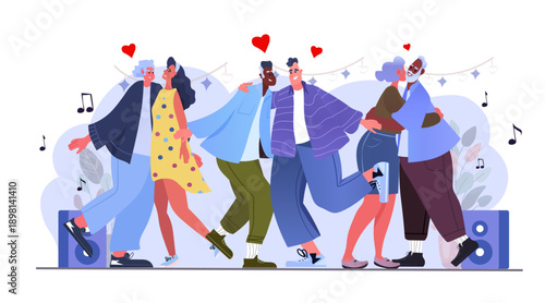 Active seniors couples dancing valentine celebration joyful elderly people music hearts festive background colorful party scene