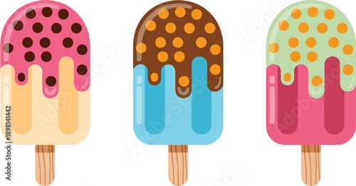 Cute Melting Popsicle Ice Cream Line Art Set with Sprinkles and Summer Treat Expressions