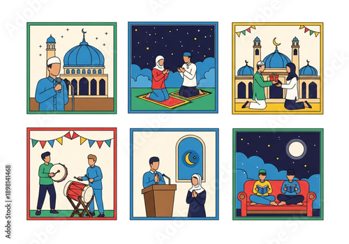 Set of Ramadan and Eid Celebrations Vector Illustrations. Islamic Holiday Festival Activities Illustration Pack.