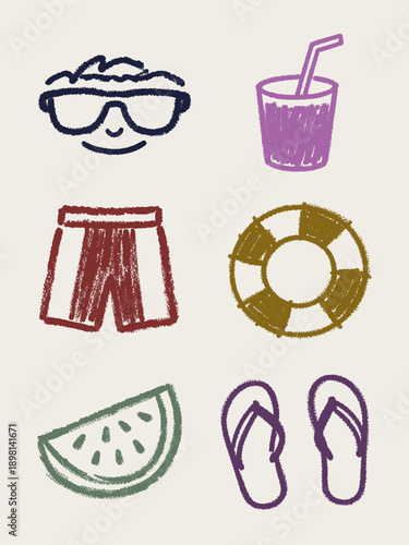 Crayon-style vector artwork of cheerful summer vacation elements: sunglasses, drink, swim shorts, lifebuoy, watermelon slice, and flip-flops