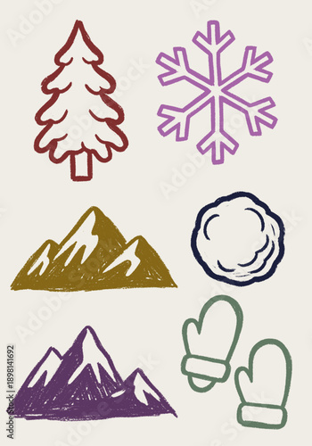 Hand-drawn vector illustrations of winter and mountain elements, including pine trees, snowflakes, and mittens, in a rustic crayon style