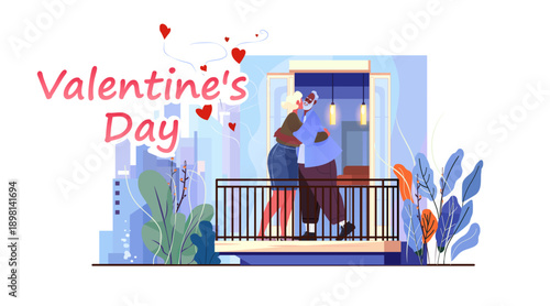 Senior couple embracing on balcony romantic cityscape hearts plants modern apartment blue background holiday celebration
