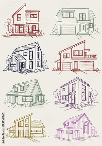 Stylized hand-drawn vector art illustration showcasing a collection of modern houses and family homes, perfect for real estate, architecture, and design projects