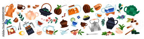 Tea ceremony items set. Different teapots and teacups. Kettles, infusers and pots for preparing Chinese herbal drinks. Cups and mugs of beverages, matcha. Flat isolated vector illustrations on white