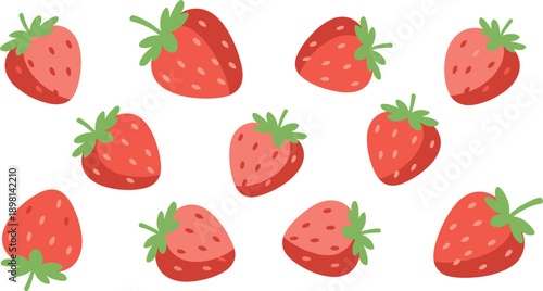 Set of cute cartoon strawberry illustrations in different shapes and angles, fresh summer fruit vector elements isolated on white background