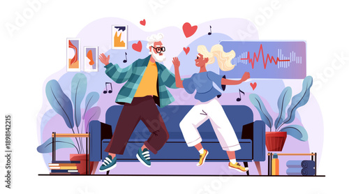Senior couple dancing together love active lifestyle music joyful living room plants modern interior colorful home decor