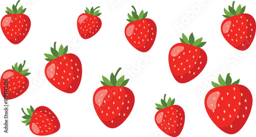 Set of fresh red strawberry illustrations isolated on white background, cute cartoon style vector elements for fruit, food, summer, and healthy nutrition designs