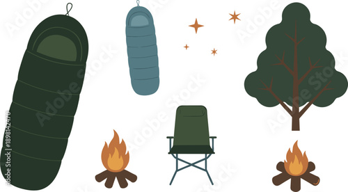 Camping essentials icon set with sleeping bags, campfire, chair and tree in flat vector style for outdoor adventure and travel design