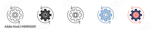 Vector icon set of a gear with a refresh arrow, ideal for illustrating continuous improvement, system optimization, software updates, and configuration settings