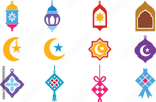 Ramadan and Eid decorative lantern crescent ketupat ornament flat paper cut decorations icon set
