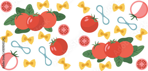 Seamless Italian Food Line Art Pattern with Tomatoes Pasta and Leafy Elements