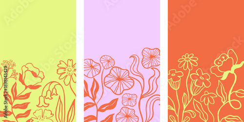 Vintage hand drawn floral print and poster templates collection. Vertical card backgrounds set.