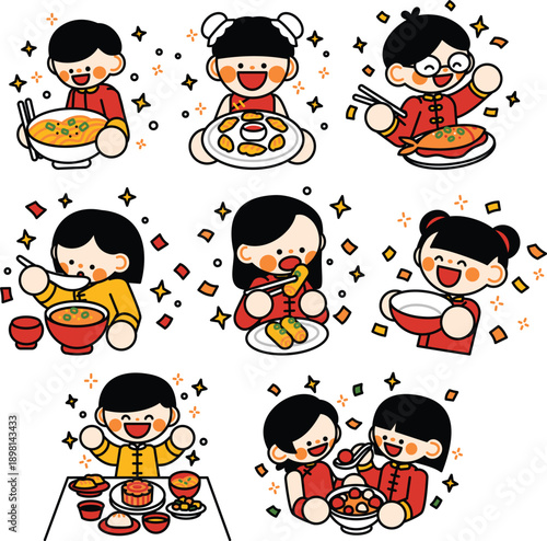 Cute Kawaii Children Enjoying Traditional Lunar New Year Foods Like Noodles Dumplings Fish Soup and Festive Family Feast Illustrations