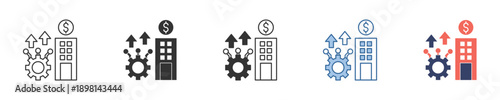 Icon set representing business growth, financial success, and technological advancement through process optimization and strategic development