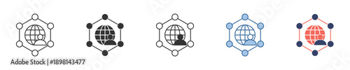 Depicting diverse styles of global user network connections and international social communication, these modern icons represent worldwide community interaction and digital connectivity