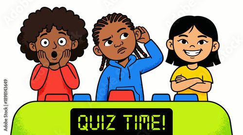 Diverse Kids Playing Quiz Time Game Show Illustration. Surprised, Thinking, and Confident Children Competing in Trivia.