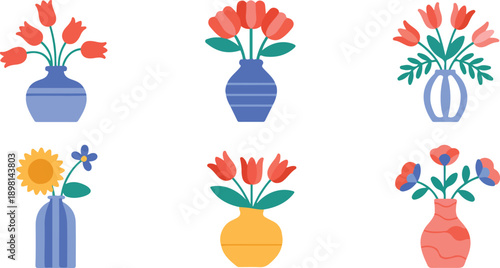 Modern Flower Vase Line Art Set with Decorative Pots and Floral Bouquets