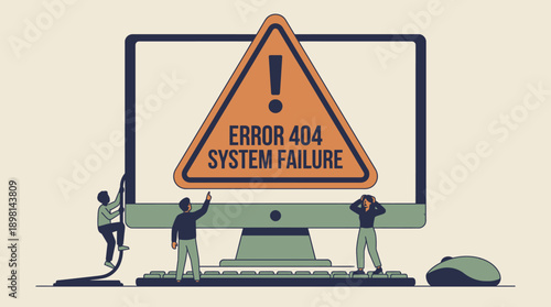 Troubleshooting System Failure: Error 404 Warning Sign on Computer Screen with Small People Repairing and Debugging