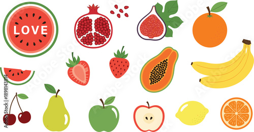 Fresh fruit icon set with watermelon, citrus, berries and tropical fruits in colorful flat vector style for healthy food design