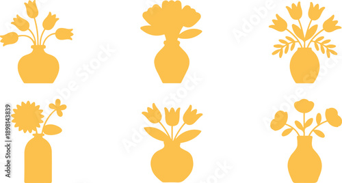 Modern Flower Vase Line Art Set with Decorative Pots and Floral Bouquets