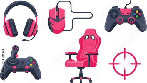 Gaming equipment icon set with headset, controller, mouse, chair and crosshair, modern flat vector illustrations for esports and streaming design