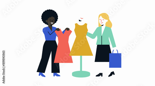 Diverse Women Shopping and Comparing Dresses with Mannequin | Retail Fashion Consultation and Personal Styling Flat Vector Illustration