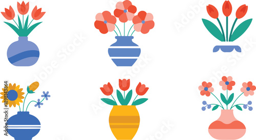Modern Flower Vase Line Art Set with Decorative Pots and Floral Bouquets