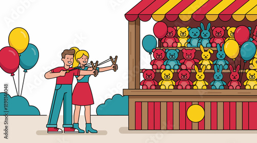 Couple Playing Carnival Slingshot Game for Prizes. Funfair Date Night Challenge at Amusement Park Booth.