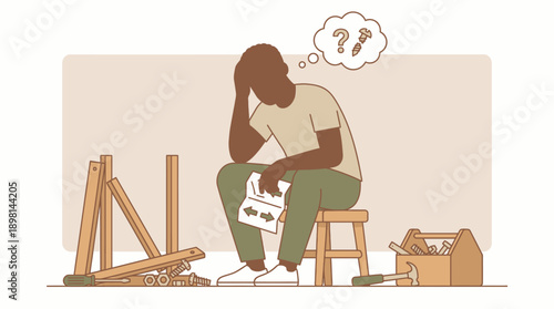 Stressed Man Confused by DIY Furniture Assembly. Frustration, Complex Instructions, and Home Improvement Struggle Illustration.
