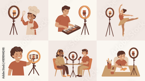 Content Creator Activities Grid: Diverse People Vlogging, Podcasting, Streaming Music, Art, Cooking, and Dance Tutorials Online