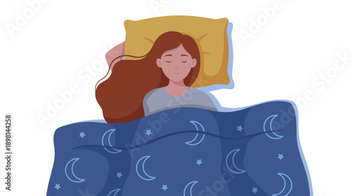 Peaceful Young Woman Sleeping Soundly in Bed under a Moon and Stars Blanket. Flat Vector Illustration of Good Nighttime Rest and Healthy Sleep.