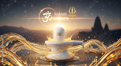 Shivling maha shivaratri golden water splash with om namah shivaya mantra hindu devotion sacred worship spiritual festival background illustration