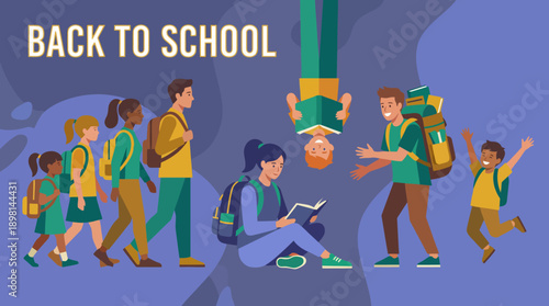 Back to School Illustration: Diverse Students with Backpacks Walking, Reading, and Interacting. Welcome to the New Academic Year and Education.