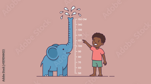 Happy African American Boy Measuring Height on Cute Elephant Growth Chart. Fun Kids Stadiometer Ruler Illustration for Nursery Decor or Milestones.