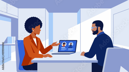 Diverse HR Professional Discussing Candidate Selection and Recruitment Strategy on Laptop. Flat Style Business Meeting Illustration.