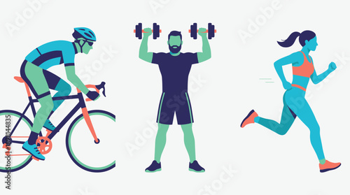 Modern Fitness Triptych Illustration: Cycling, Running, and Weight Training Icons for Health and Wellness