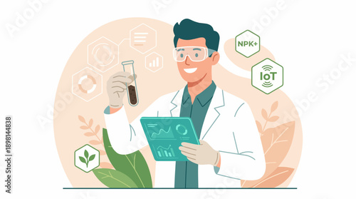 Smart Farming Scientist Analyzing Soil Sample and Digital Data. Precision Agriculture and Agritech Expert holding Test Tube and Tablet.