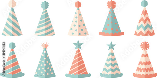 Pastel party hat icon set in flat vector style, cute birthday and celebration illustrations for kids events, holidays, invitations, and festive design